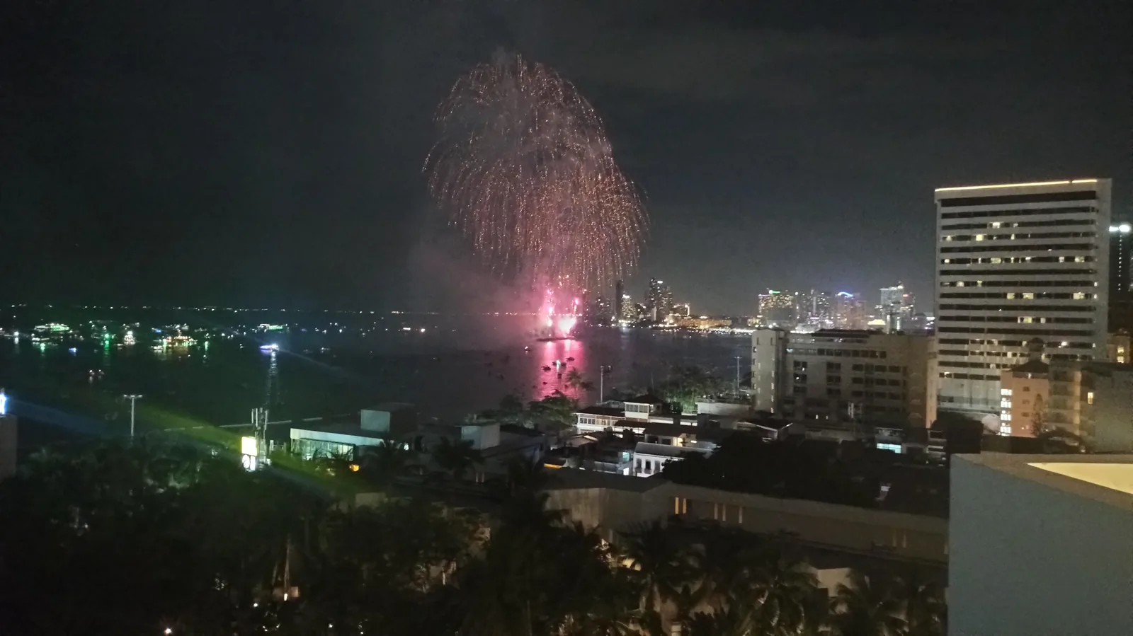 Fireworks over Pattaya Bay seen from the roof of Avani Pattaya Resort