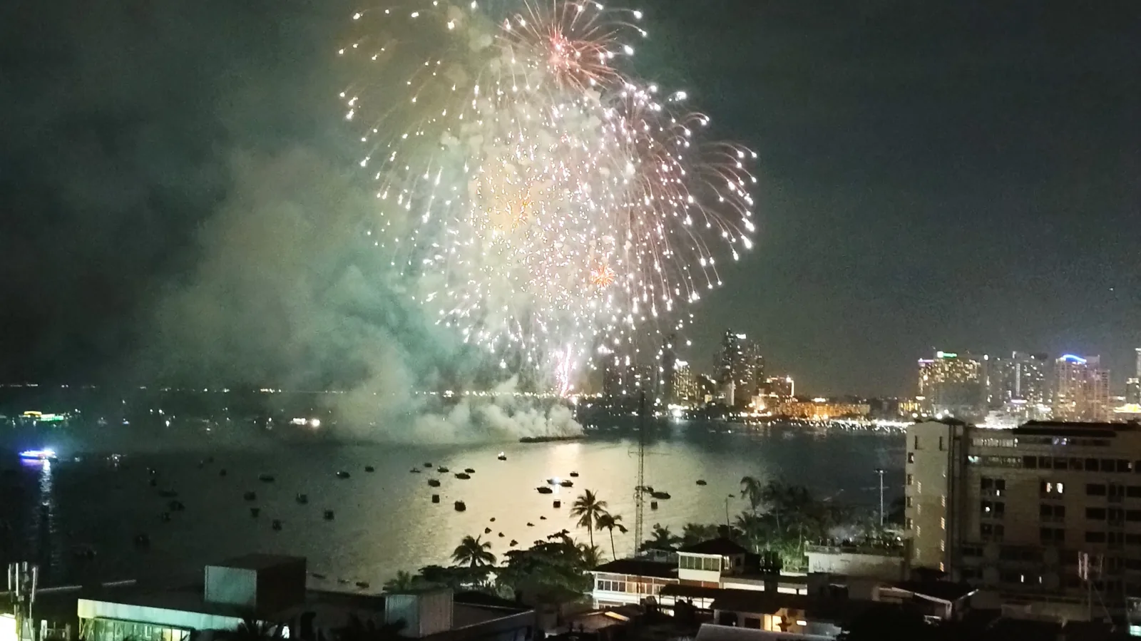 Pattaya International Fireworks Festival above the bay at night