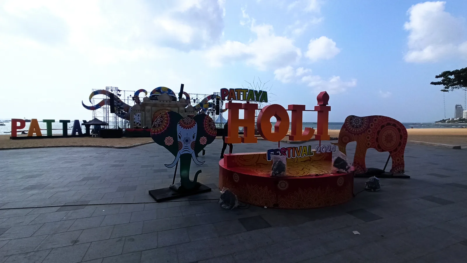 Holi Festival stage and decorations on Pattaya Beach
