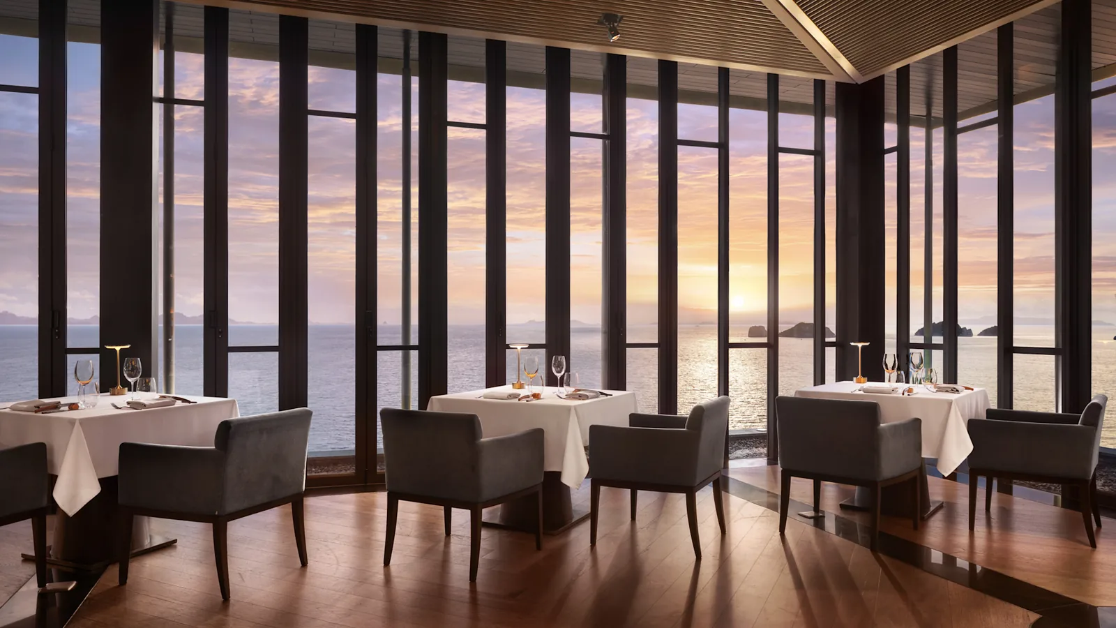Jahn at Conrad Koh Samui — dining room above Phang Ka Bay at sunset